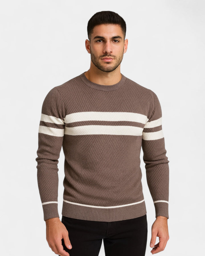 Męski sweter bawełniany w paski okrągły dekolt slim fit jesienny