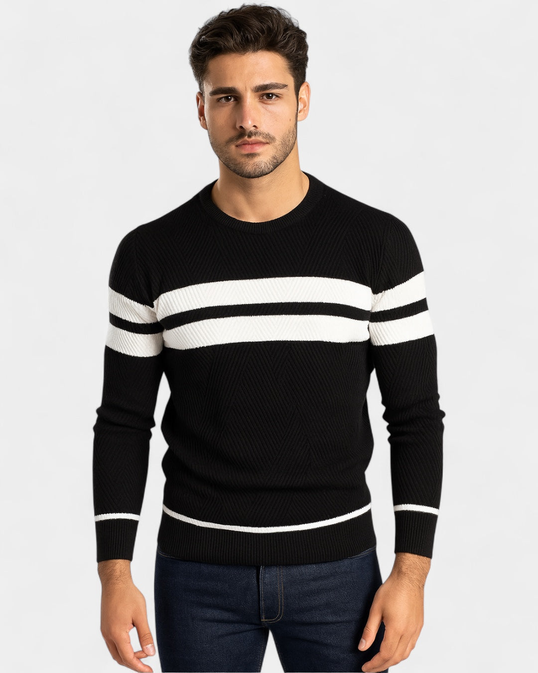 Męski sweter bawełniany w paski okrągły dekolt slim fit jesienny