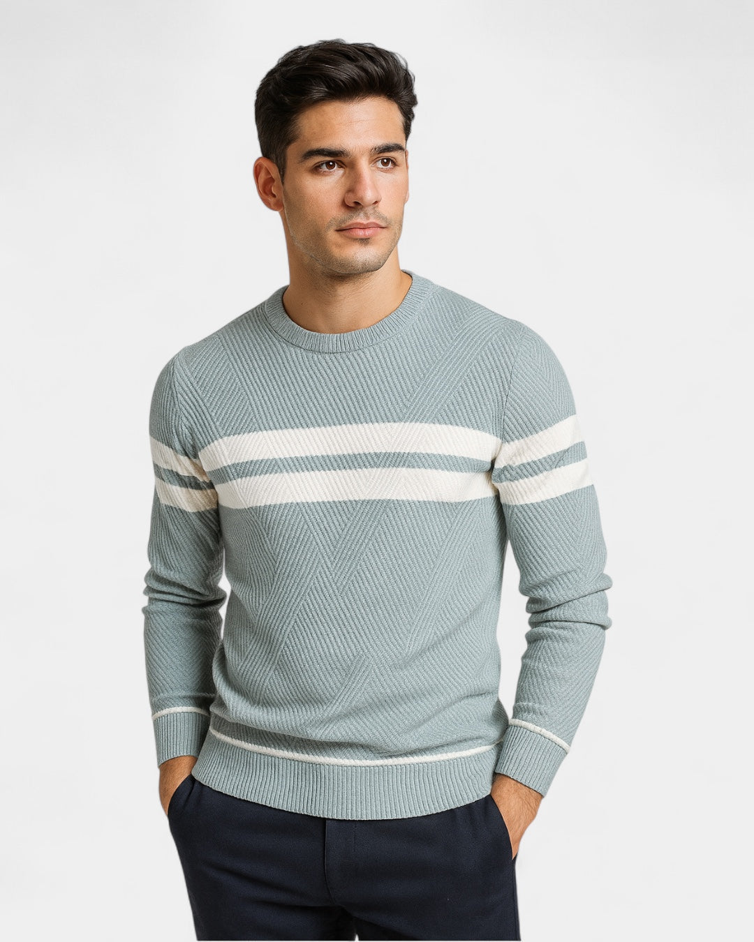 Męski sweter bawełniany w paski okrągły dekolt slim fit jesienny