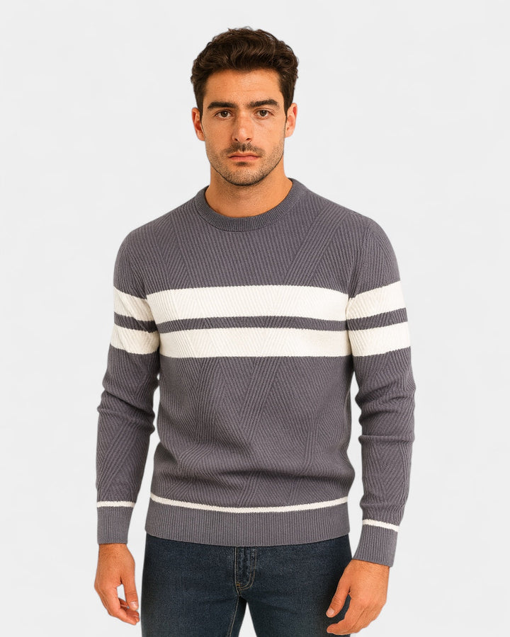 Męski sweter bawełniany w paski okrągły dekolt slim fit jesienny