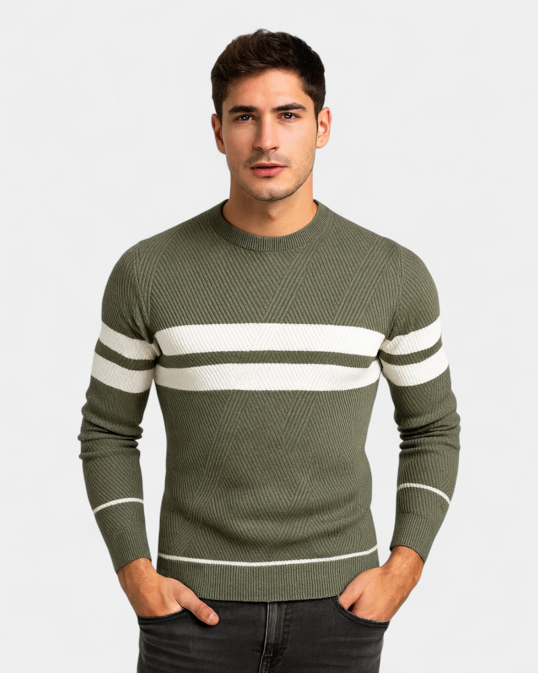 Męski sweter bawełniany w paski okrągły dekolt slim fit jesienny