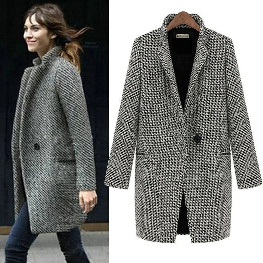 Płaszcz damski wełniany midi elegancki casual na jesień i zimę z długim rękawem