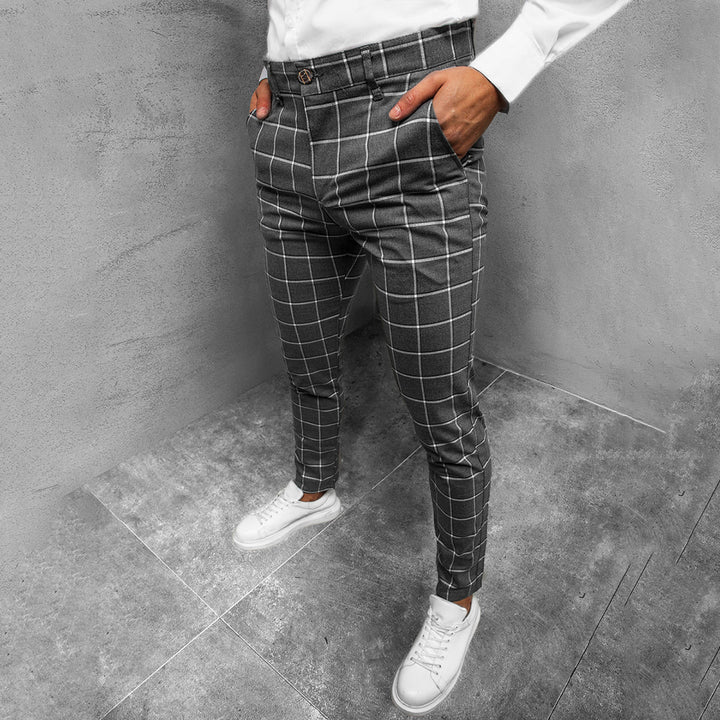 Spodnie męskie eleganckie bawełniane na wiosnę – spodnie slim fit w kratę casualowe