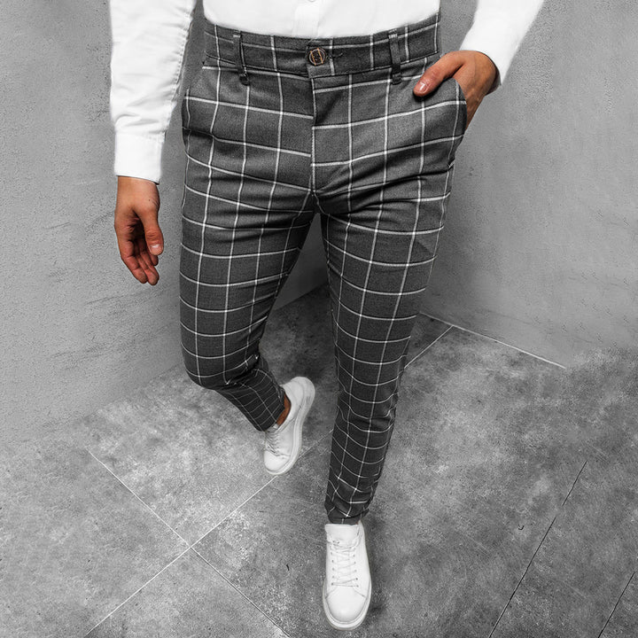 Spodnie męskie eleganckie bawełniane na wiosnę – spodnie slim fit w kratę casualowe