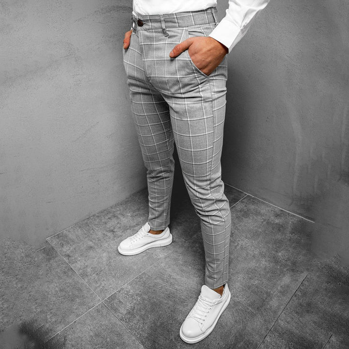 Spodnie męskie eleganckie bawełniane na wiosnę – spodnie slim fit w kratę casualowe