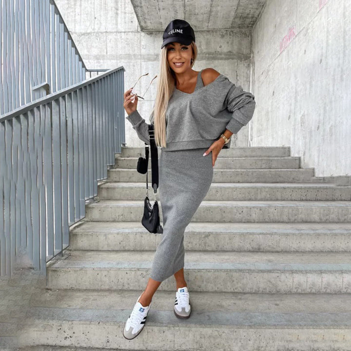 Komplet damski dzianinowy sukienka i bluza bawełniany na wiosnę casual elegancki