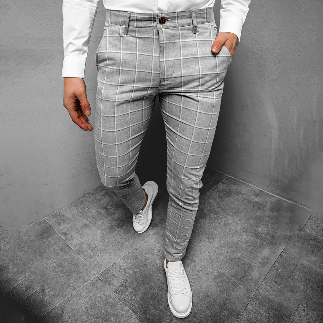 Spodnie męskie eleganckie bawełniane na wiosnę – spodnie slim fit w kratę casualowe