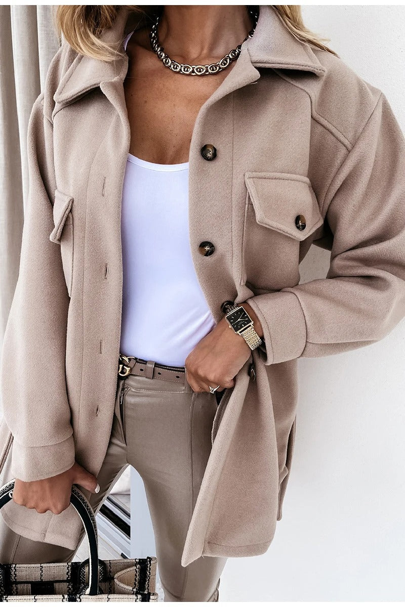 Kurtka damska wełniana elegancka wiosenna kurtka z paskiem casual do codziennych stylizacji