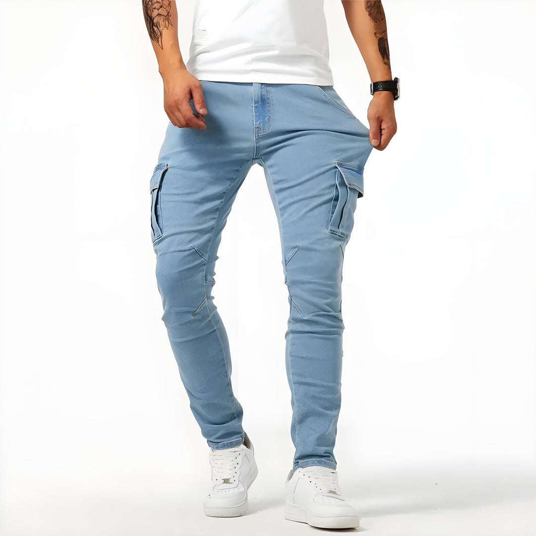 Spodnie cargo męskie jeansowe slim fit wiosenne casual do codziennego noszenia