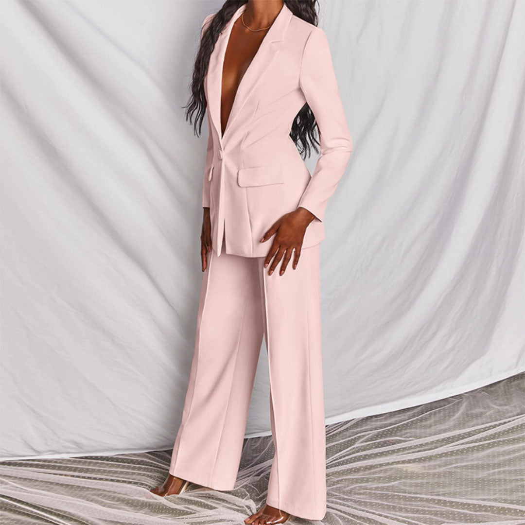 Komplet damski elegancki garnitur z marynarką i spodniami wiosenny stylowy casualowy
