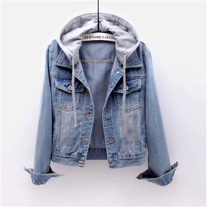 Kurtka damska jeansowa bawełniana z kapturem na wiosnę lekka casualowa denim