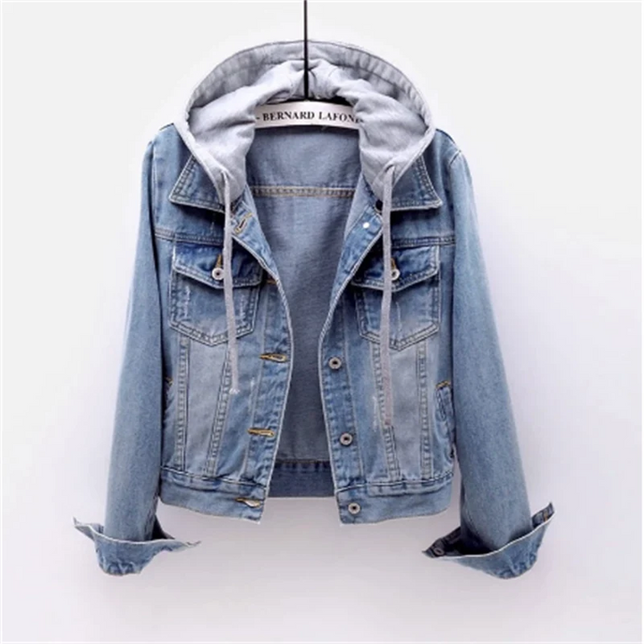 Kurtka damska jeansowa bawełniana z kapturem na wiosnę lekka casualowa denim
