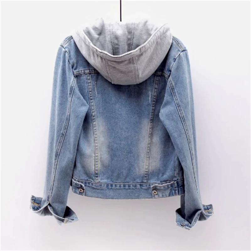 Kurtka damska jeansowa bawełniana z kapturem na wiosnę lekka casualowa denim