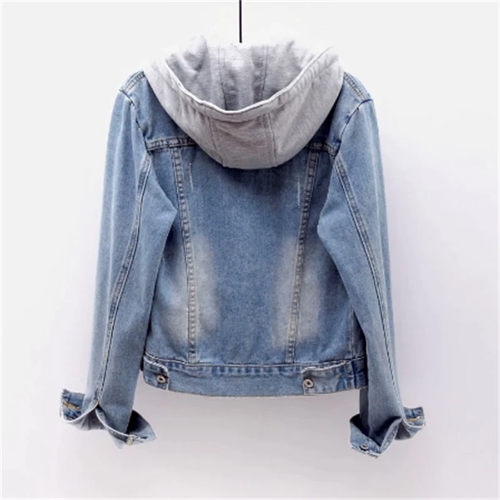 Kurtka damska jeansowa bawełniana z kapturem na wiosnę lekka casualowa denim