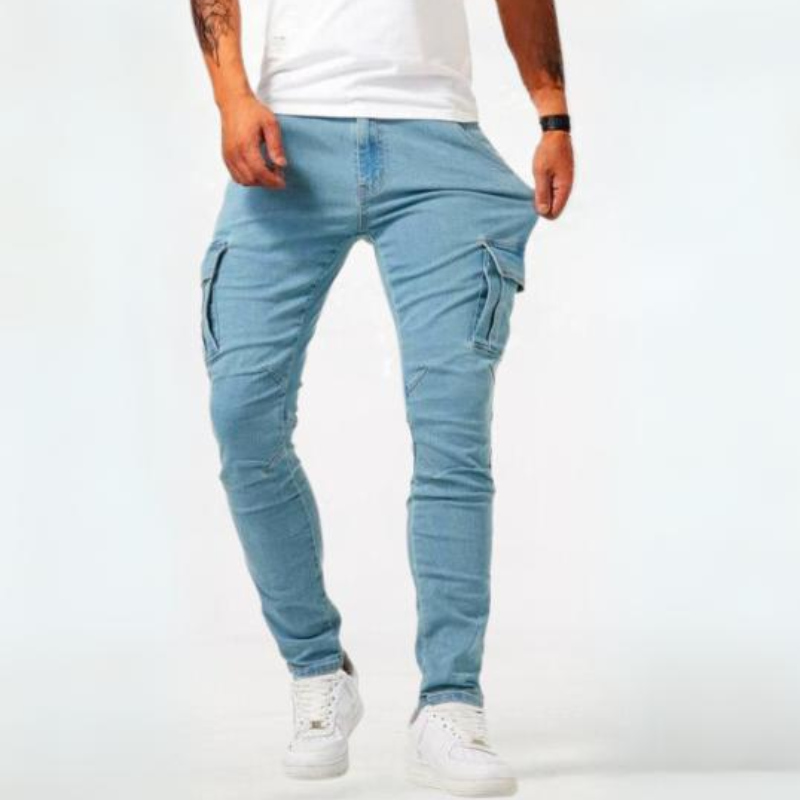 Jeansy męskie denim bawełniane cargo slim fit na lato casual streetwearowe