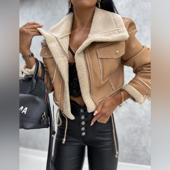 Kurtka damska zimowa shearling ocieplana skórzana stylowa krótka na zimę