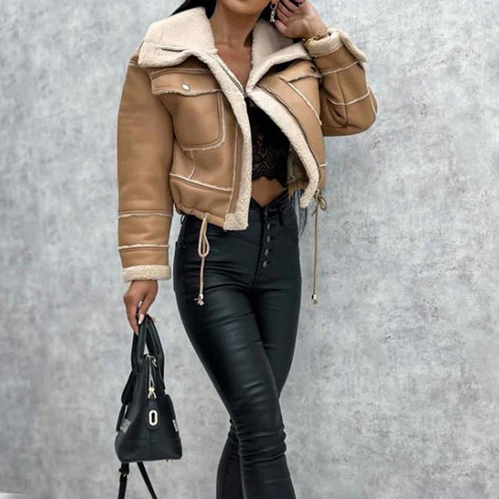 Kurtka damska zimowa shearling ocieplana skórzana stylowa krótka na zimę