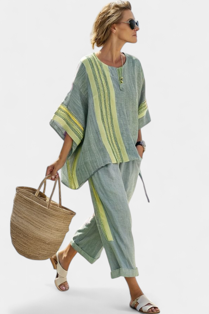 Conjunto feminino de linho para o verão com top oversize e calças às riscas com pernas largas