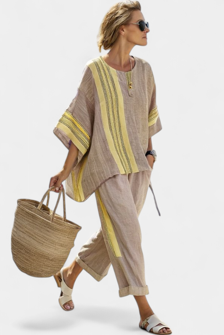 Conjunto feminino de linho para o verão com top oversize e calças às riscas com pernas largas