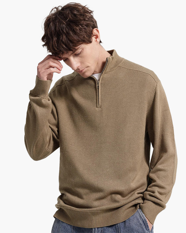 Męski sweter z wełny merino z zamkiem pod szyją jesienny elegancki