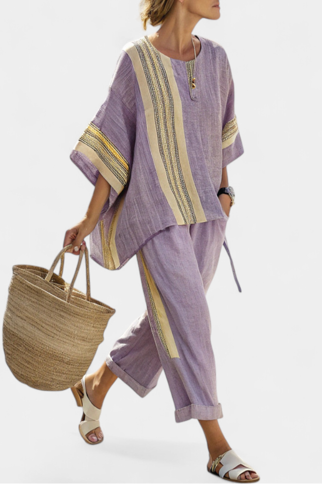 Conjunto feminino de linho para o verão com top oversize e calças às riscas com pernas largas