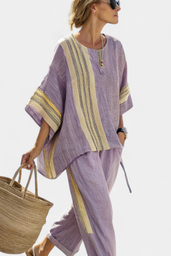 Conjunto feminino de linho para o verão com top oversize e calças às riscas com pernas largas