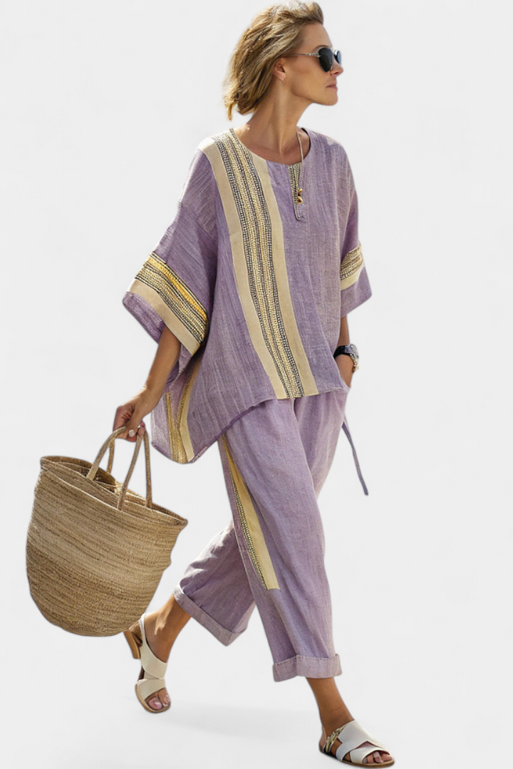 Conjunto feminino de linho para o verão com top oversize e calças às riscas com pernas largas