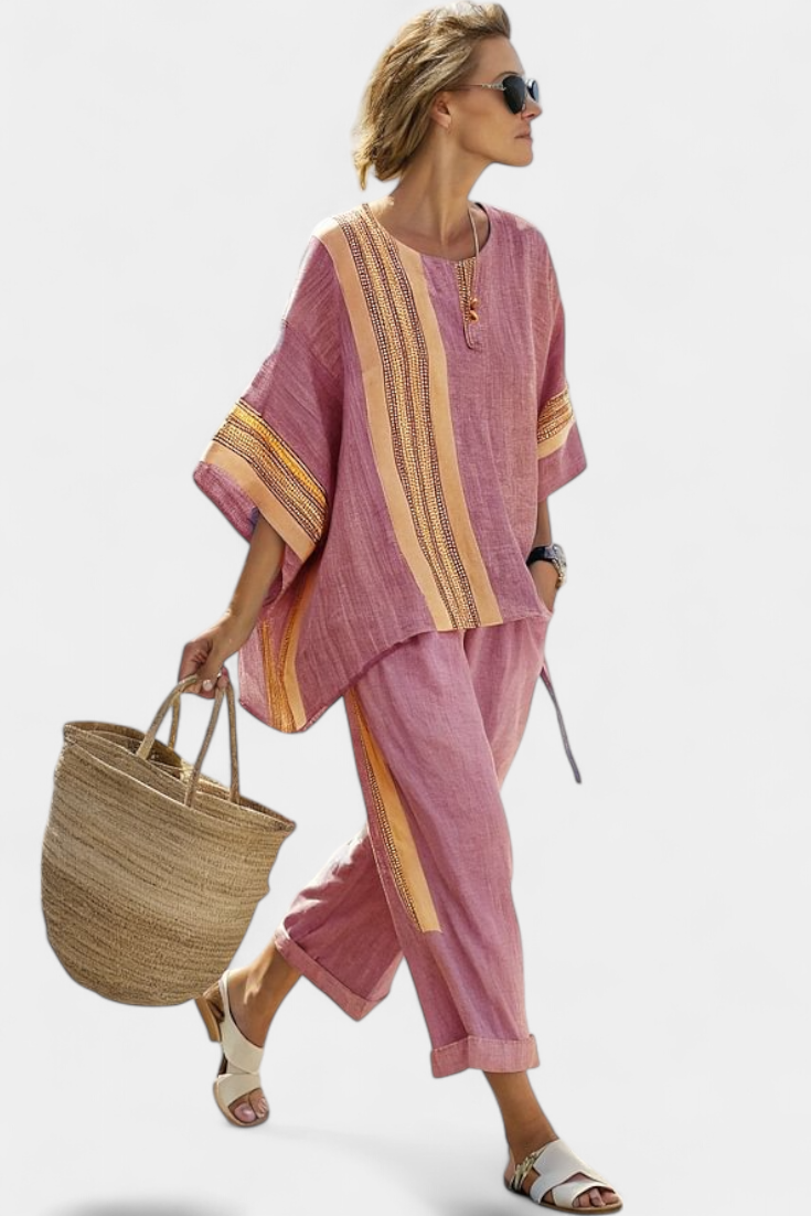 Conjunto feminino de linho para o verão com top oversize e calças às riscas com pernas largas