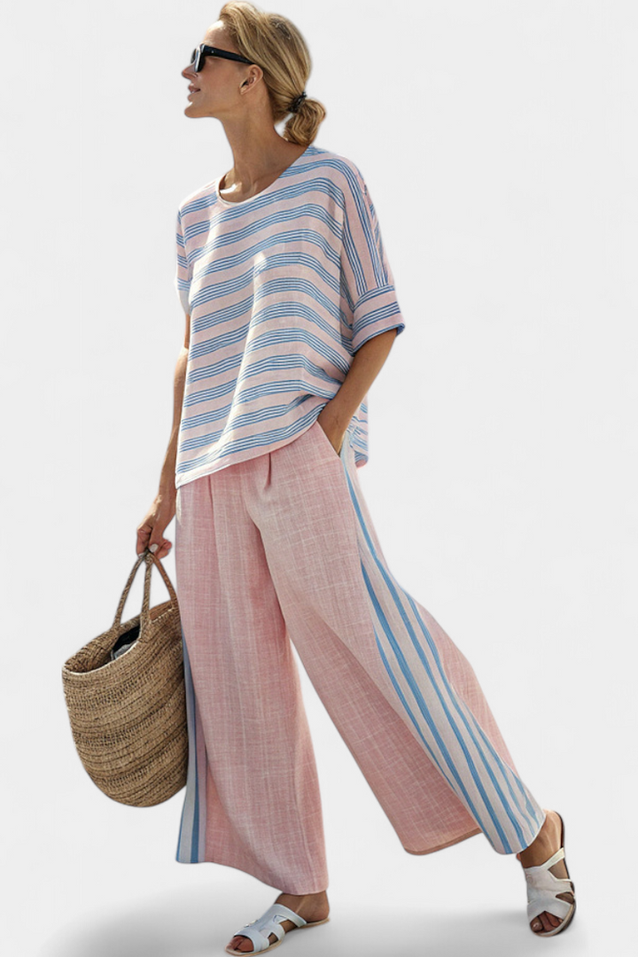 Conjunto feminino de linho para o verão com blusa larga às riscas e calças casuais macias