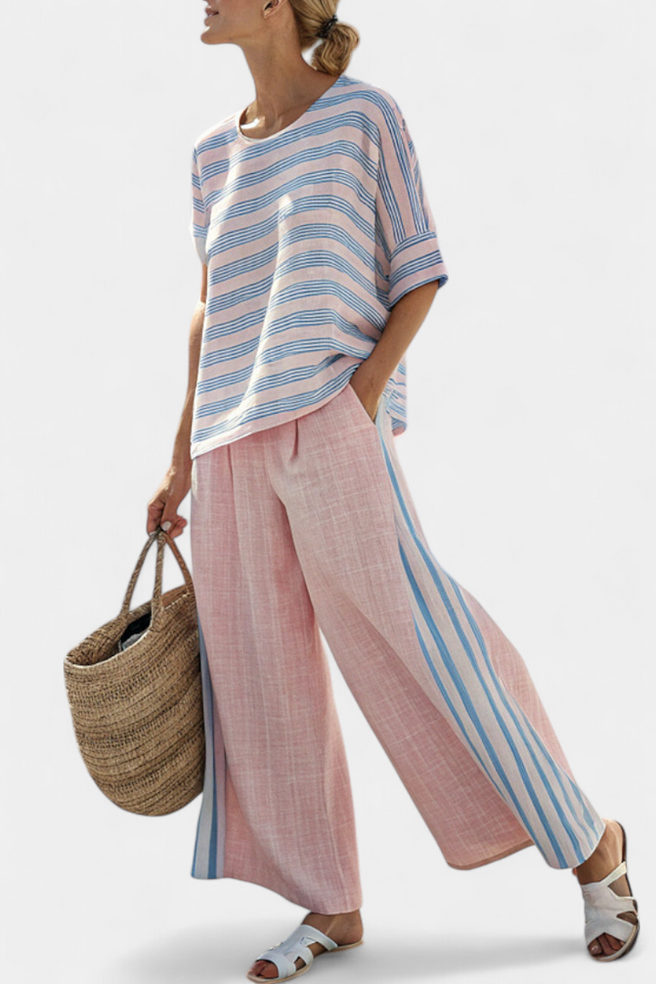 Conjunto feminino de linho para o verão com blusa larga às riscas e calças casuais macias