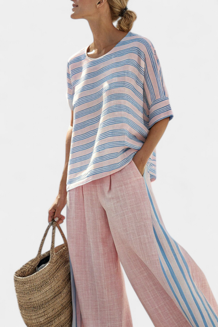Conjunto feminino de linho para o verão com blusa larga às riscas e calças casuais macias
