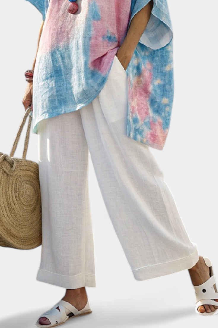 Conjunto feminino de linho para o verão com top e calças de bambu às riscas de corte largo