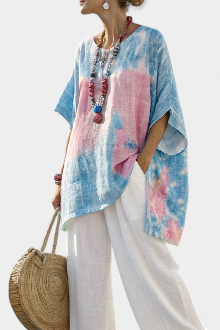 Conjunto feminino de linho para o verão com top e calças de bambu às riscas de corte largo