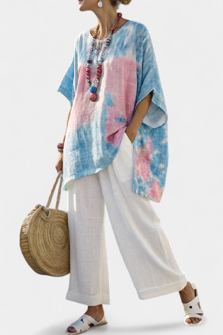 Conjunto feminino de linho para o verão com top e calças de bambu às riscas de corte largo
