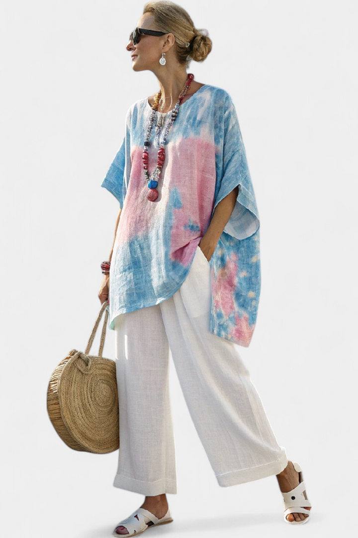 Conjunto feminino de linho para o verão com top e calças de bambu às riscas de corte largo