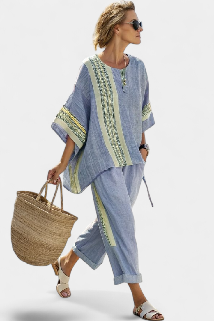 Conjunto feminino de linho para o verão com top oversize e calças às riscas com pernas largas