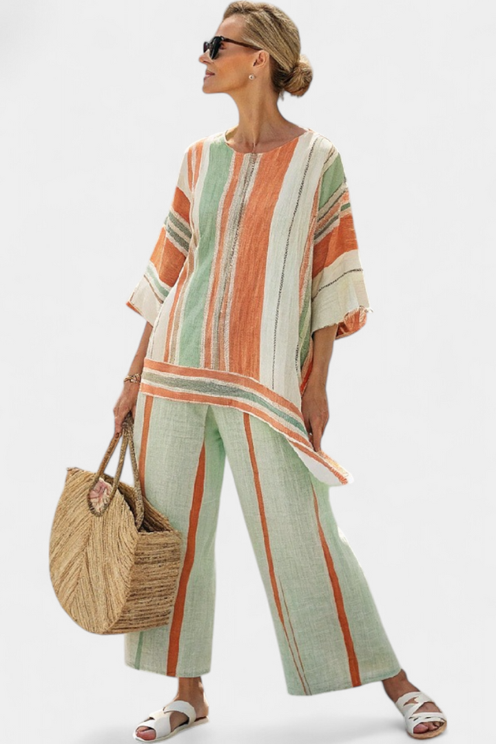 Conjunto feminino de verão em algodão com blusa assimétrica e calças largas