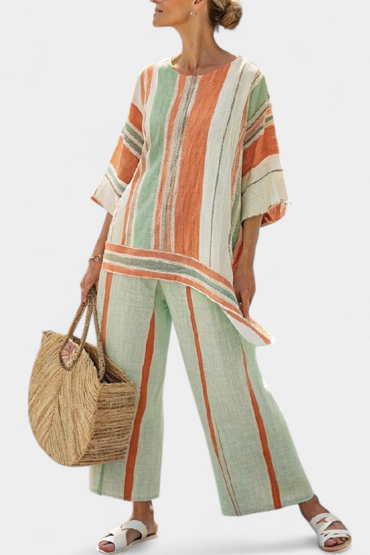 Conjunto feminino de verão em algodão com blusa assimétrica e calças largas
