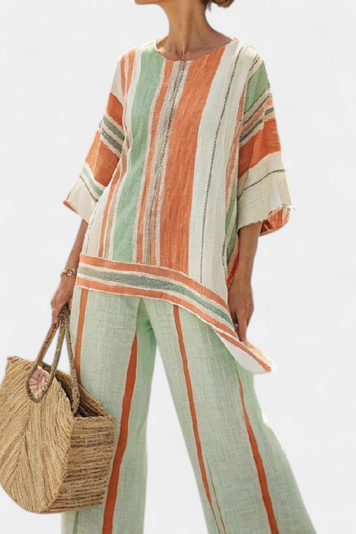 Conjunto feminino de verão em algodão com blusa assimétrica e calças largas