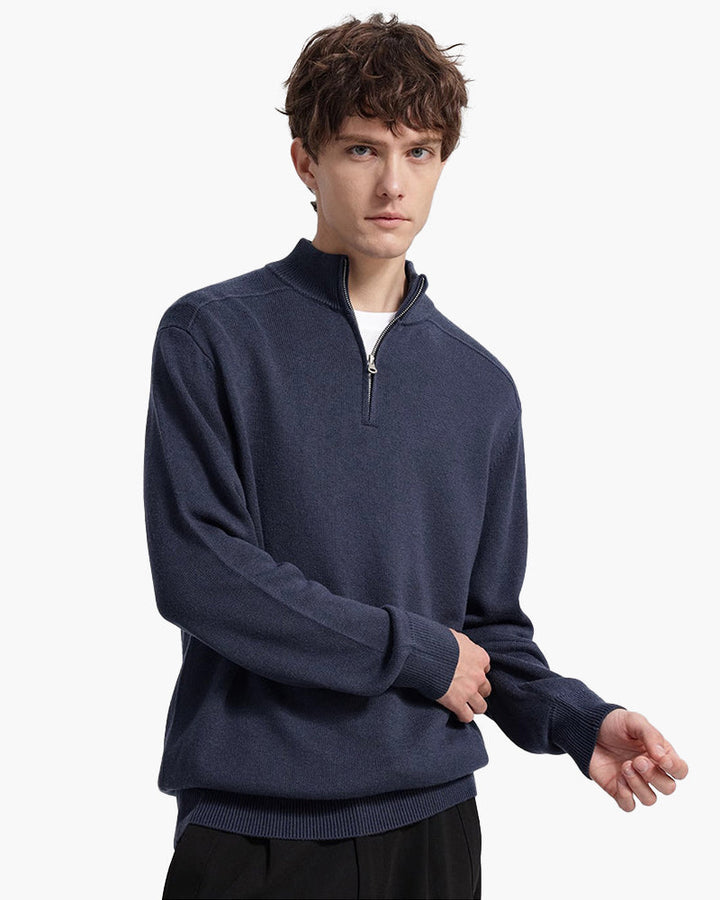 Męski sweter z wełny merino z zamkiem pod szyją jesienny elegancki