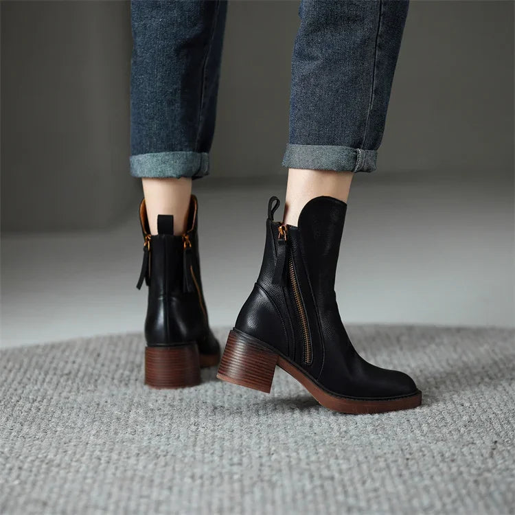 Botins femininos em pele para a primavera – botins elegantes de salto em pele natural