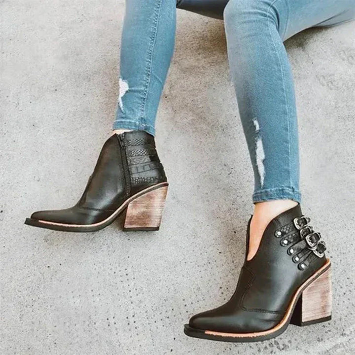 Botki damskie skórzane na słupku eleganckie kowbojki wiosenne casual do codziennego noszenia