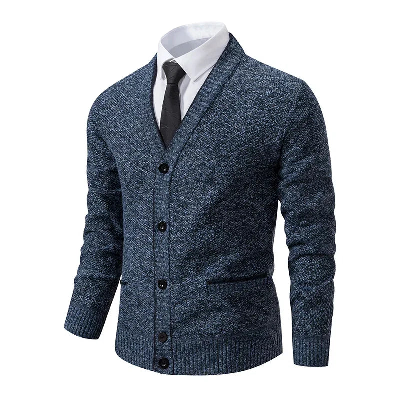 Męski sweter wełniany dekolt w serek melanżowy jesienny elegancja