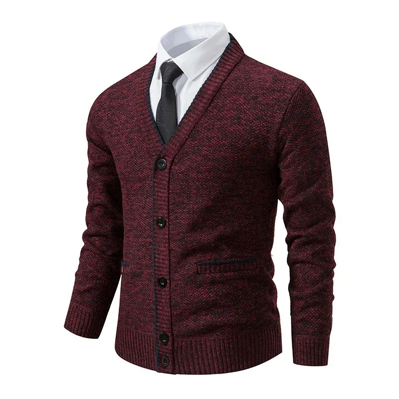 Męski sweter wełniany dekolt w serek melanżowy jesienny elegancja