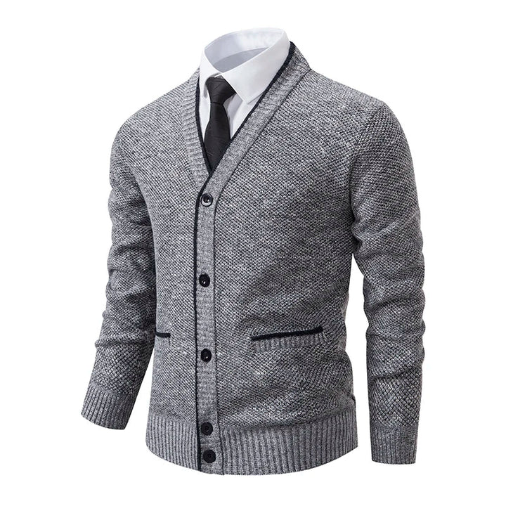 Męski sweter wełniany dekolt w serek melanżowy jesienny elegancja