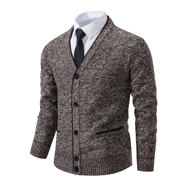 Męski sweter wełniany dekolt w serek melanżowy jesienny elegancja