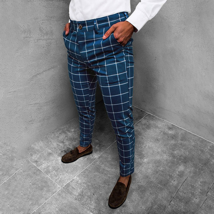 Spodnie męskie eleganckie bawełniane na wiosnę – spodnie slim fit w kratę casualowe
