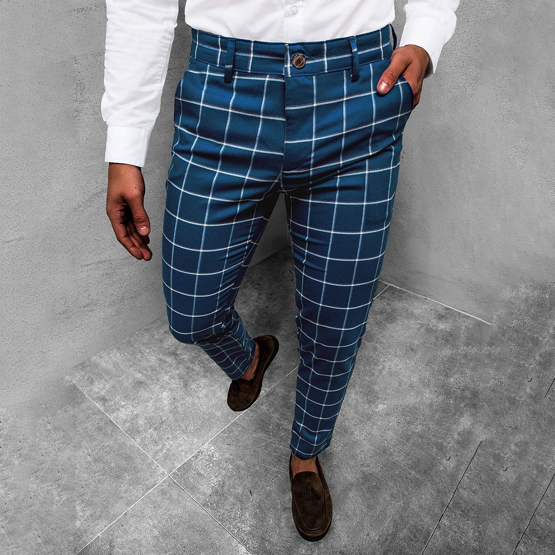 Spodnie męskie eleganckie bawełniane na wiosnę – spodnie slim fit w kratę casualowe