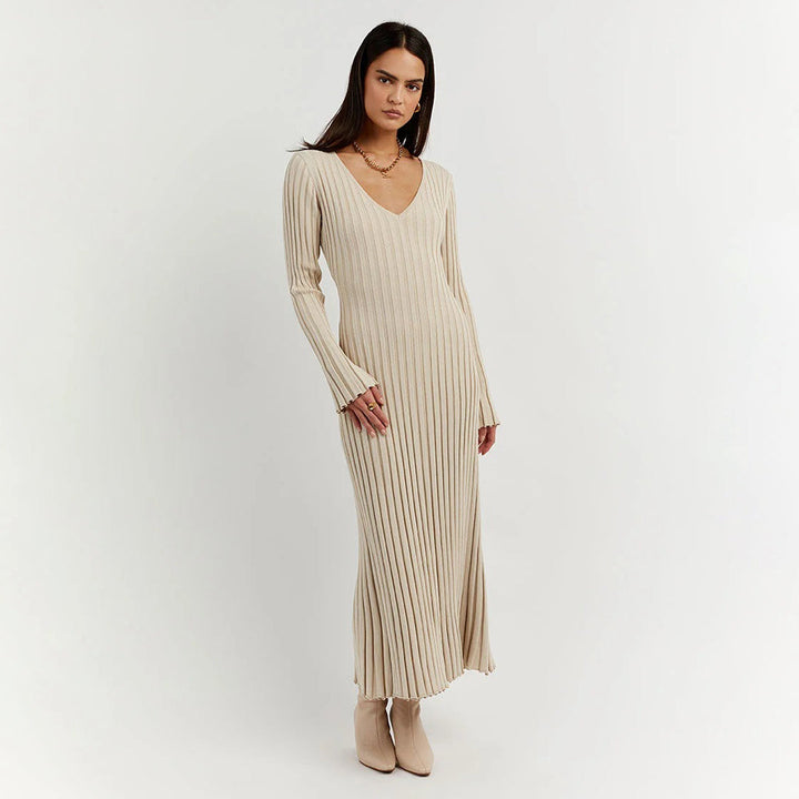 Sukienka damska dzianinowa maxi wiosenna elegancka dopasowana sukienka casualowa