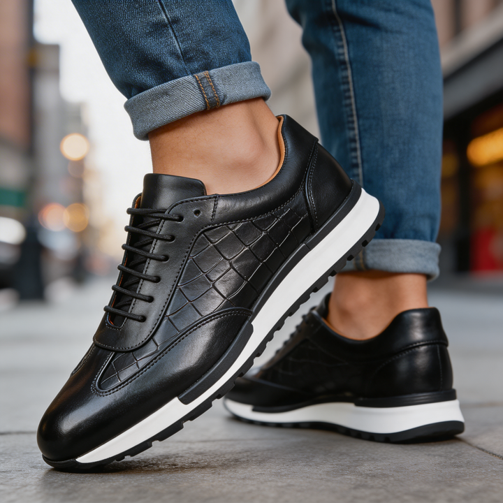 Sneakersy męskie ze skóry naturalnej z tłoczeniem w krokodyla sznurowane casualowe na jesień